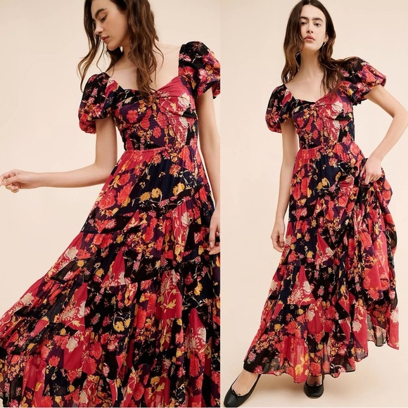 Free People Dresses & Skirts - Free People Bohemian Sundrenched Short Sleeve Maxi Dress Red Floral NWT Ruffle